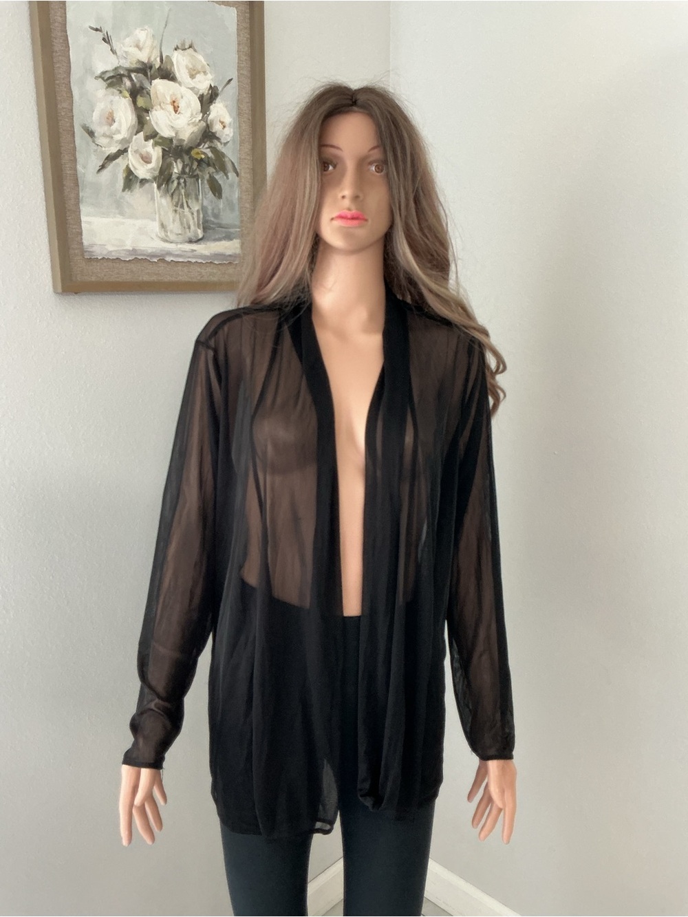 Sheer Black Open-Front Women's Robe Cardigan r